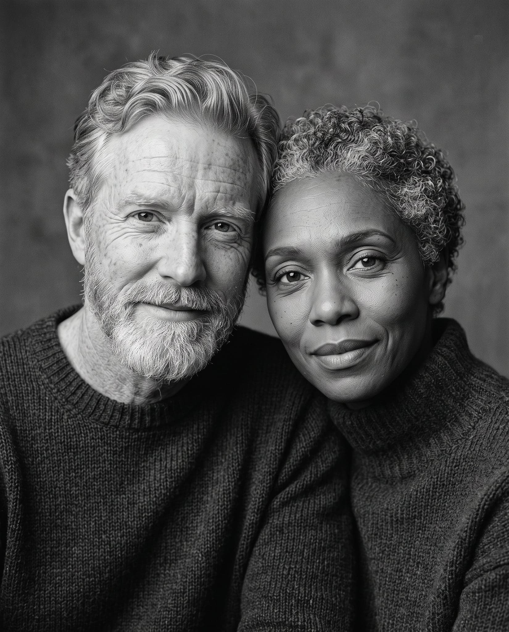 AI age progression of the fictional couple: At 70, black and white