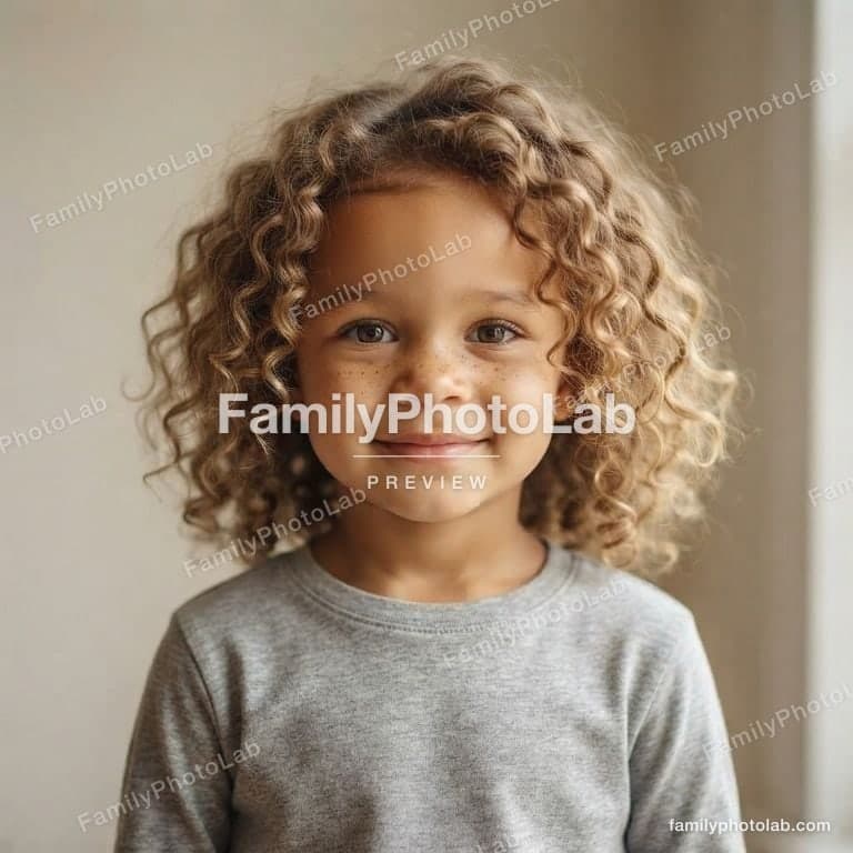 Free preview: an AI picture of the fictional person at an age between the baby photo and the photo at 5
