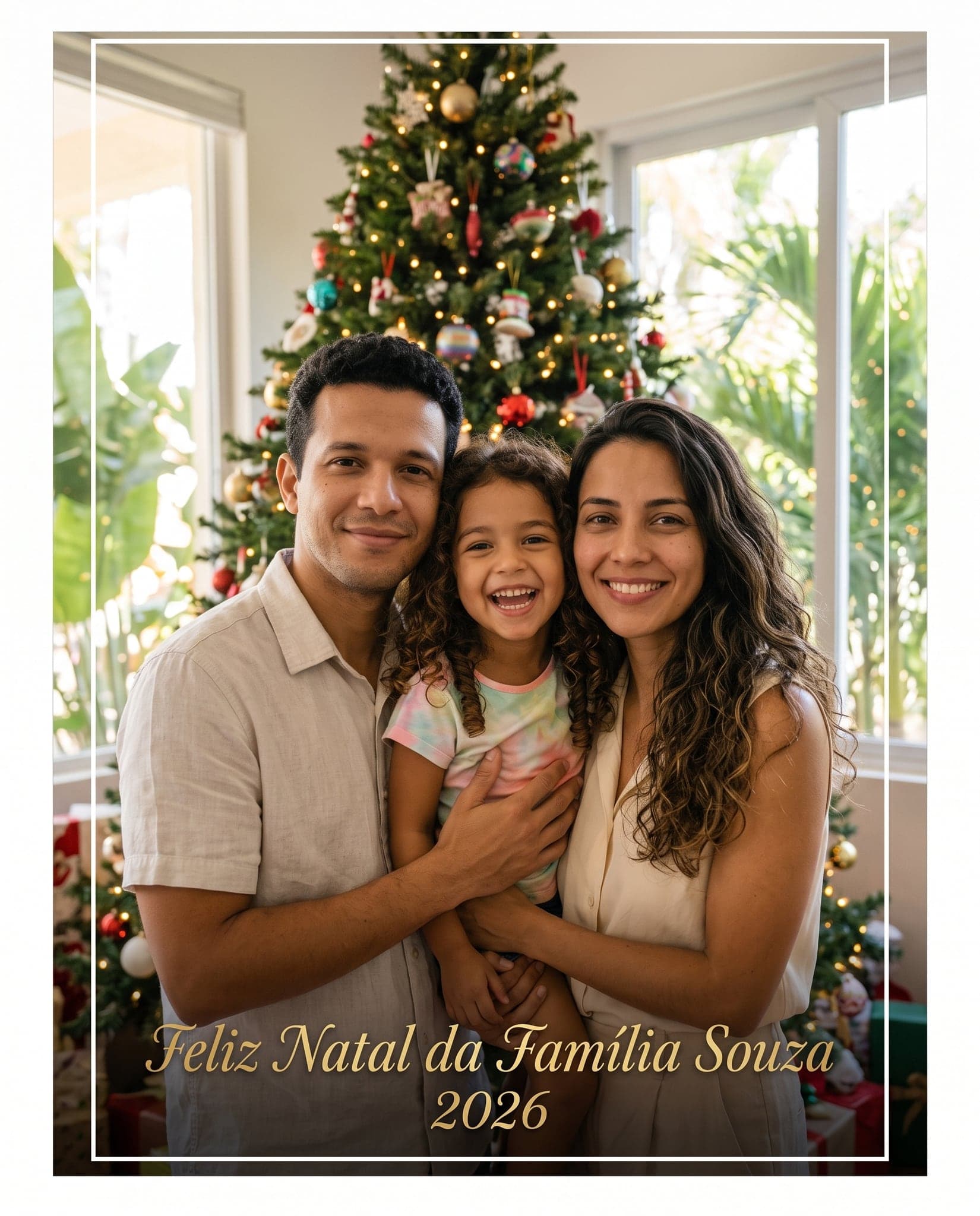Ideia de foto de Natal em família: a foto para o cartão de natal (exemplo feito com IA, família fictícia)