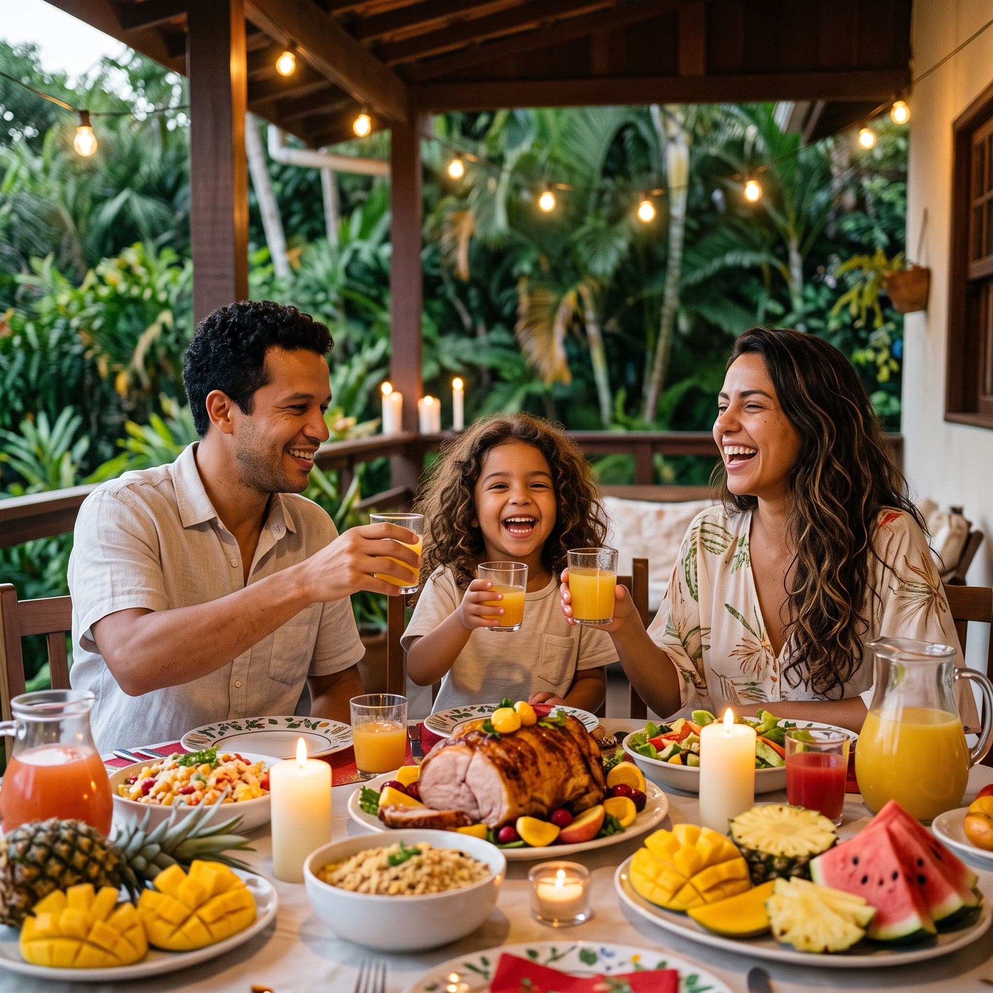Ideia de foto de Natal em família: na ceia de natal (exemplo feito com IA, família fictícia)