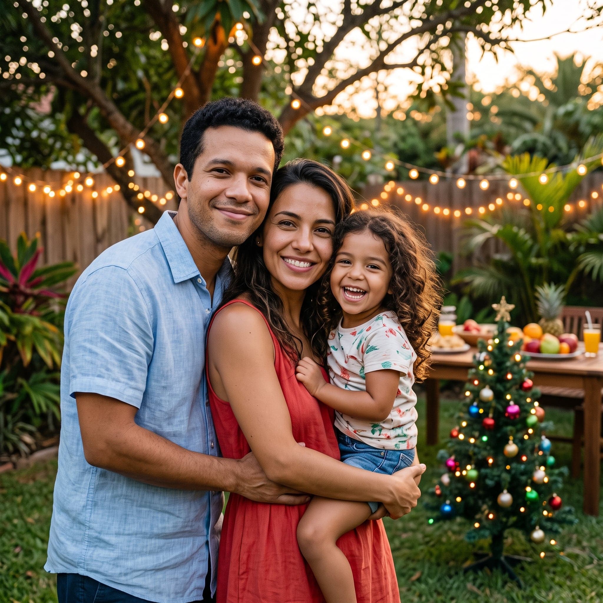 Ideia de foto de Natal em família: no jardim ou na varanda com pisca-pisca (exemplo feito com IA, família fictícia)