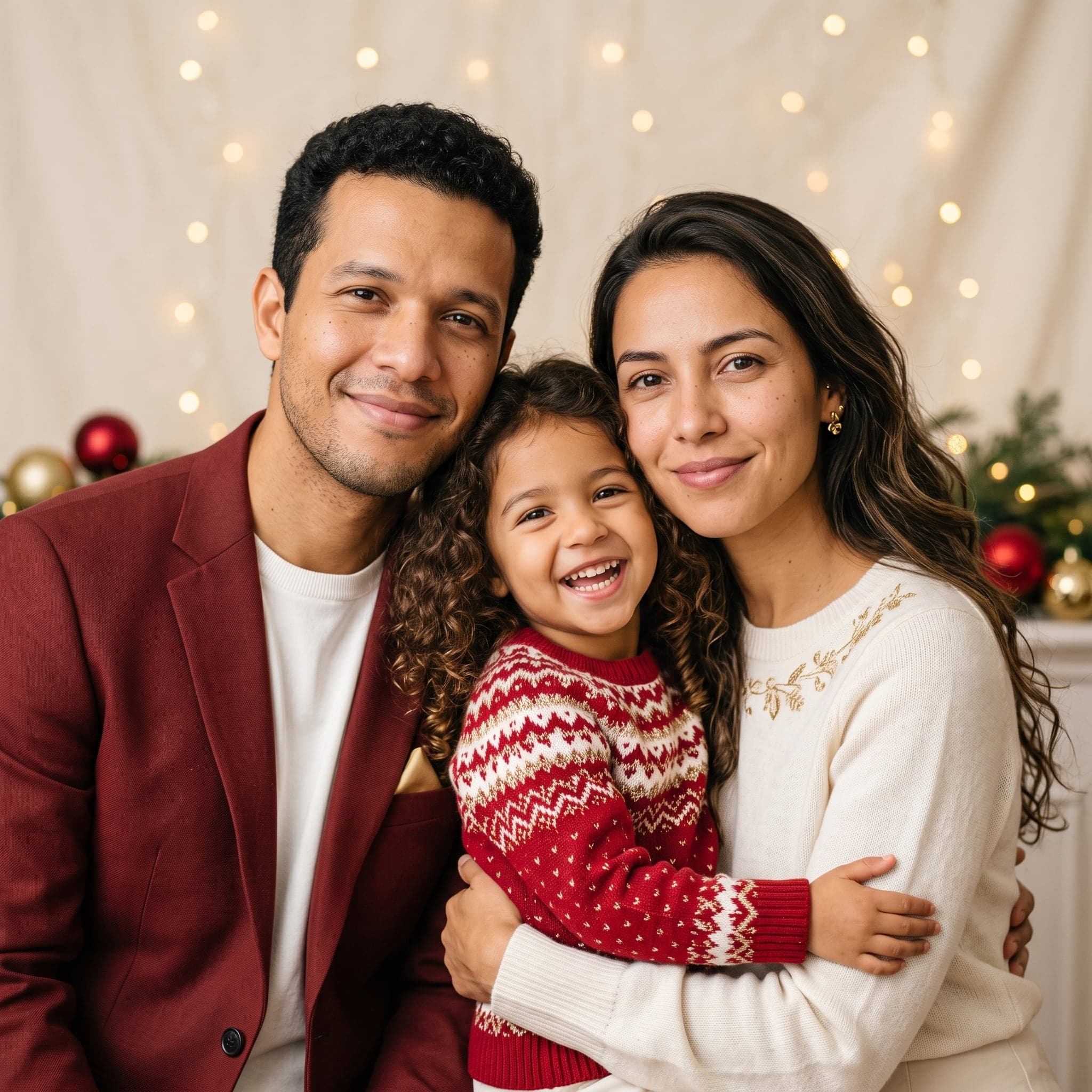 Ideia de foto de Natal em família: retrato de estúdio (exemplo feito com IA, família fictícia)