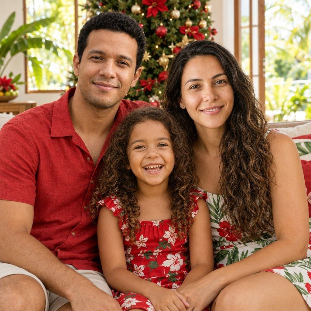 Foto de Natal feito com IA de uma família fictícia: Em família na árvore de Natal (outra versão)