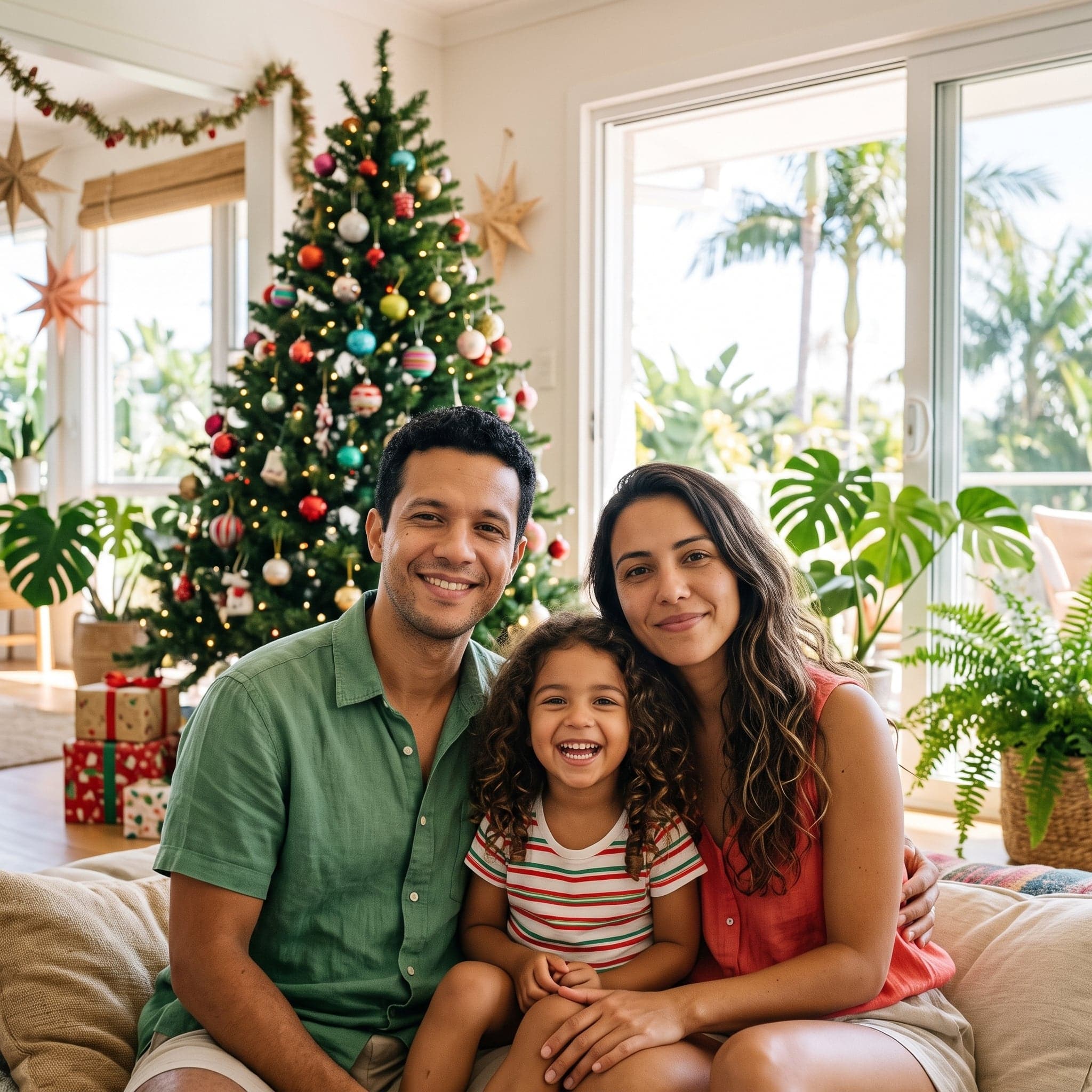 Ideia de foto de Natal em família: em família na frente da árvore de natal (exemplo feito com IA, família fictícia)