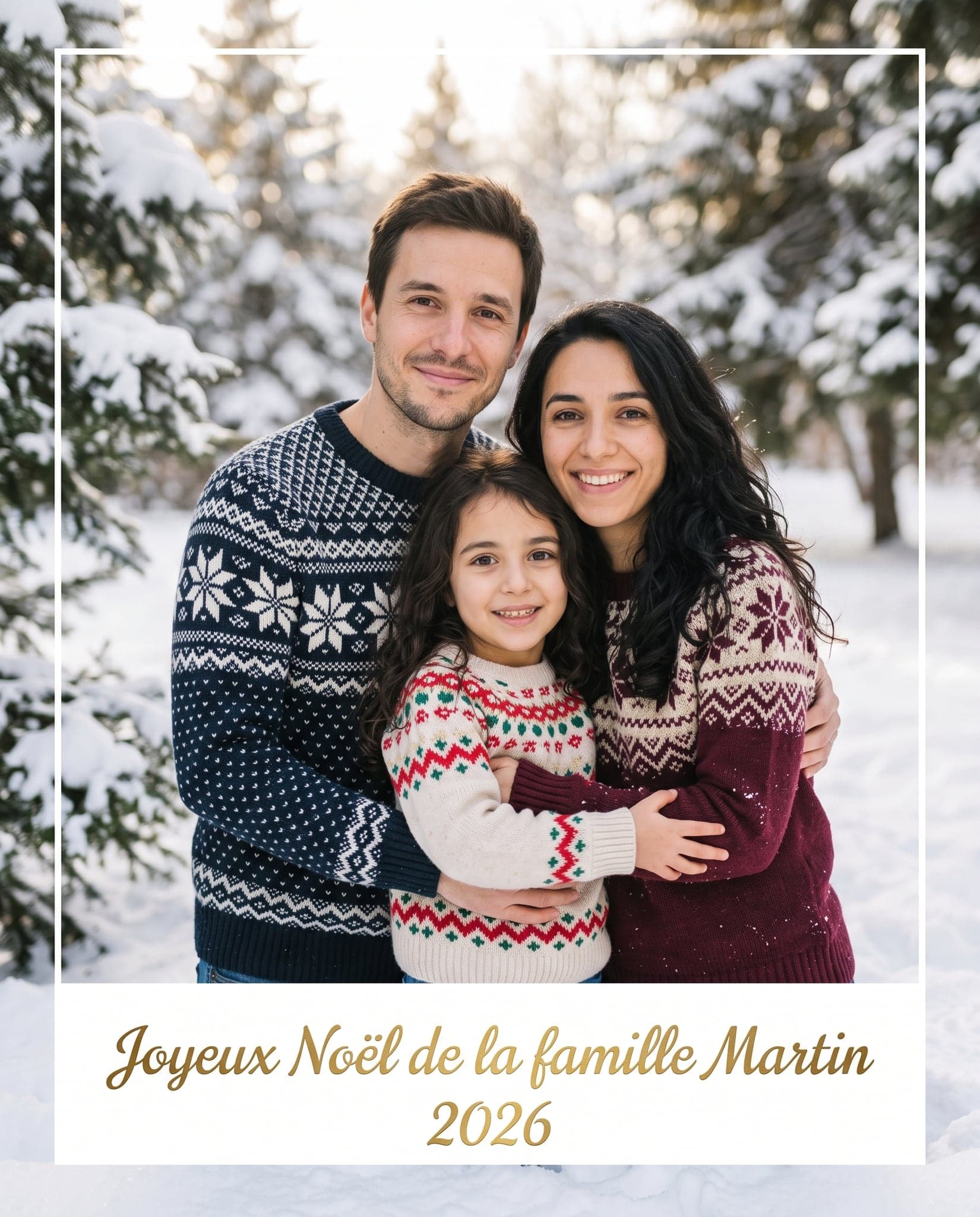 Idée de photo de Noël en famille : la photo pour la carte de vœux (exemple créé par IA, famille fictive)