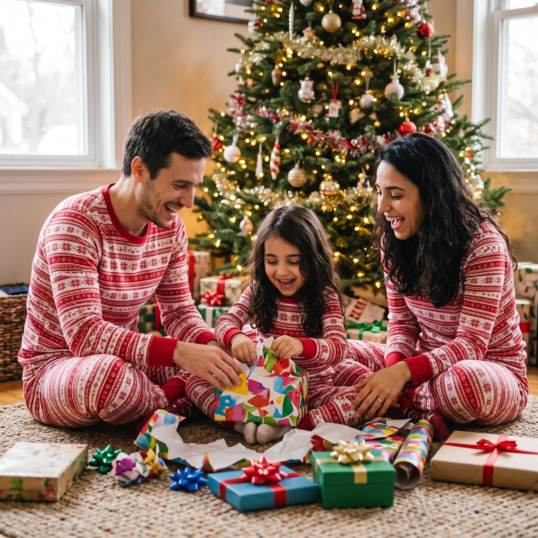 Idée de photo de Noël en famille : le matin de noël en pyjamas assortis (exemple créé par IA, famille fictive)