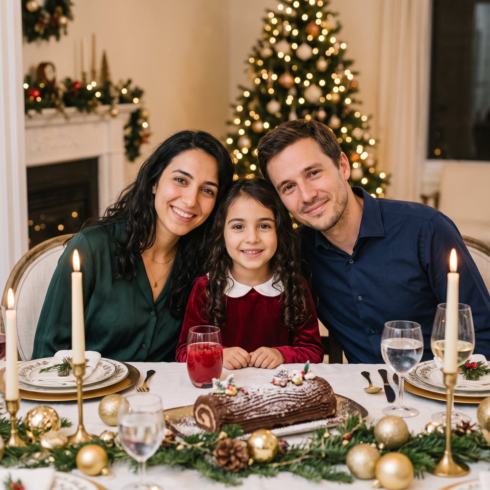 Idée de photo de Noël en famille : le réveillon autour de la table (exemple créé par IA, famille fictive)
