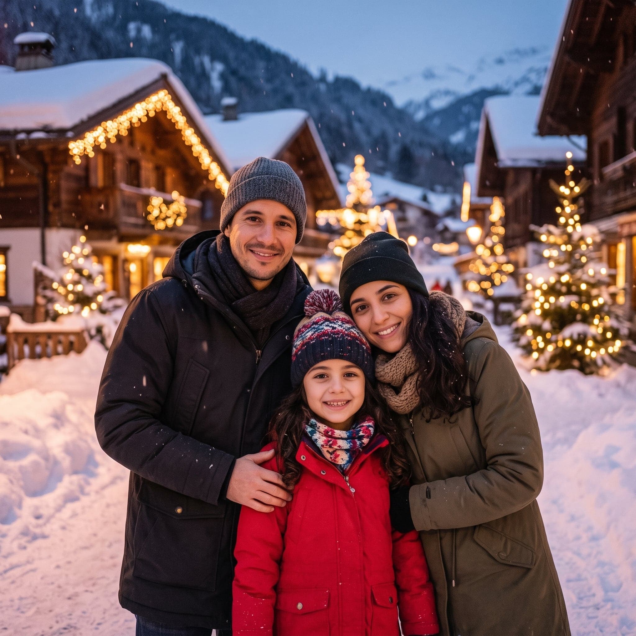 Idée de photo de Noël en famille : sous la neige, à la montagne (exemple créé par IA, famille fictive)