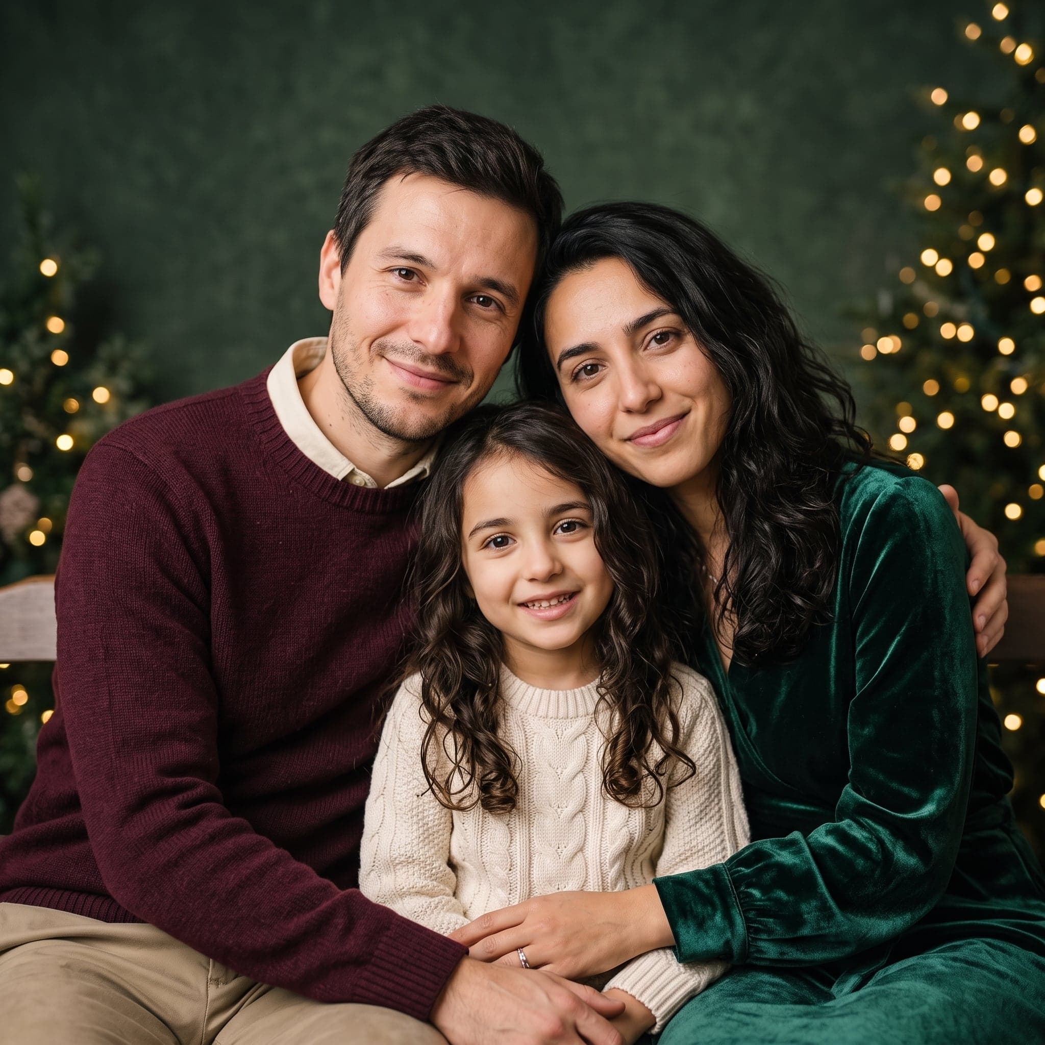 Idée de photo de Noël en famille : le portrait en studio (exemple créé par IA, famille fictive)