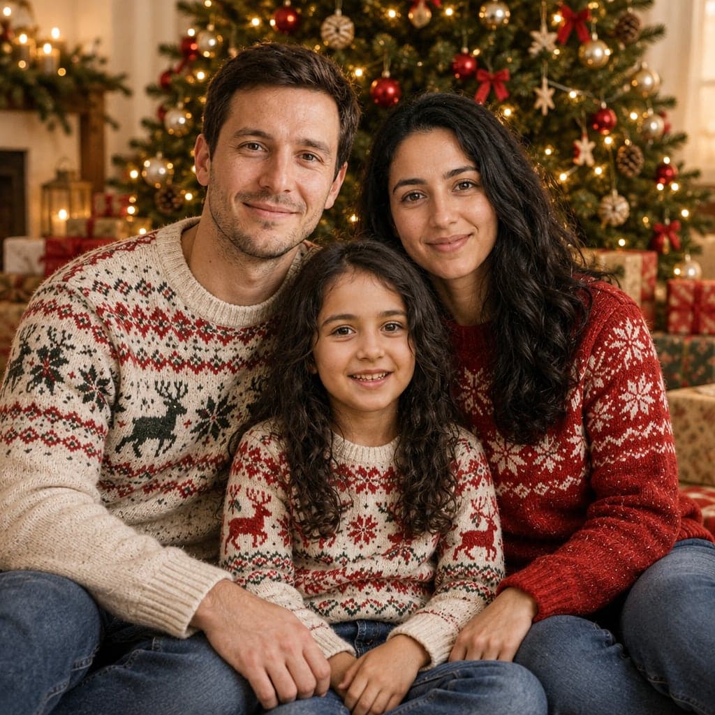 Photo de Noël créée par IA d’une famille fictive : Devant le sapin (autre version)