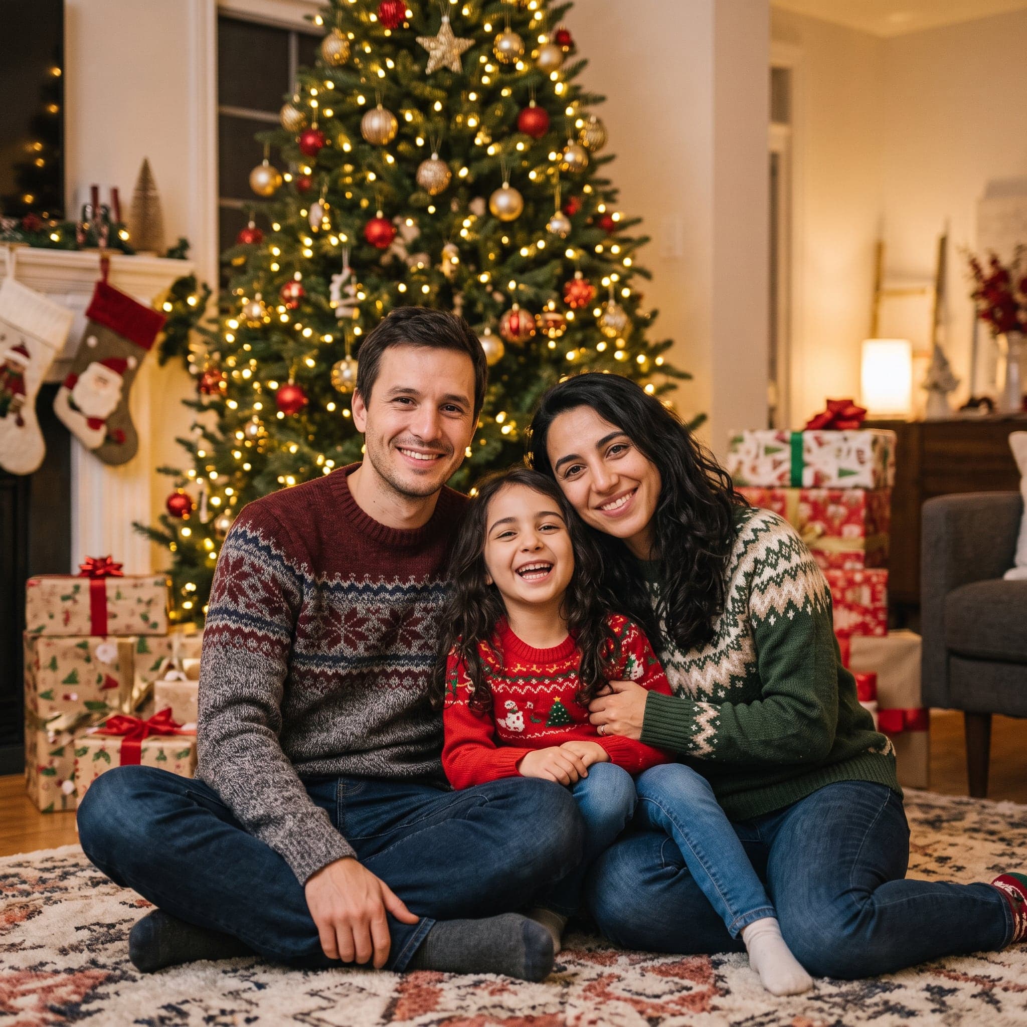 Idée de photo de Noël en famille : toute la famille devant le sapin (exemple créé par IA, famille fictive)