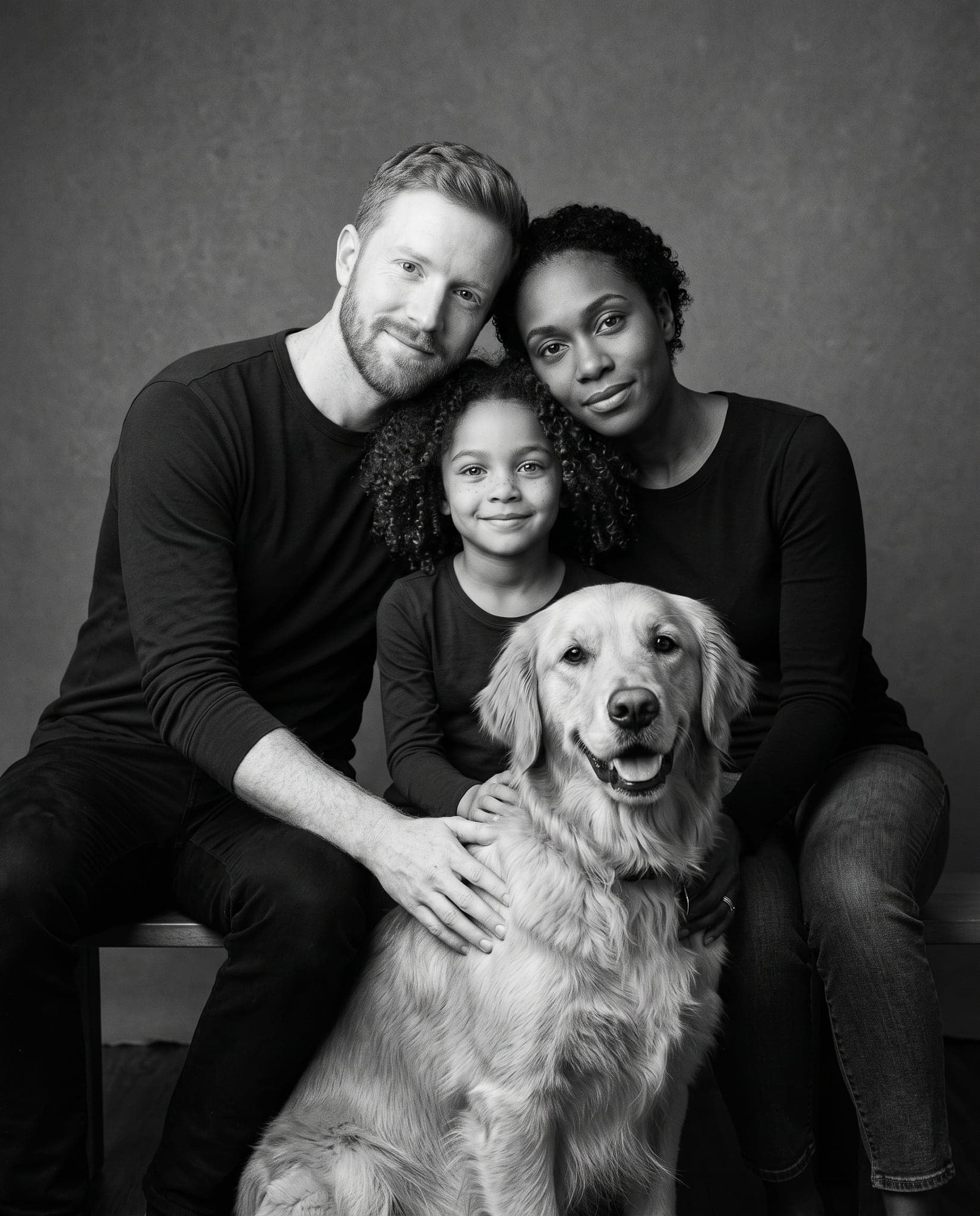 AI family portrait of the fictional family and their dog: Black and white