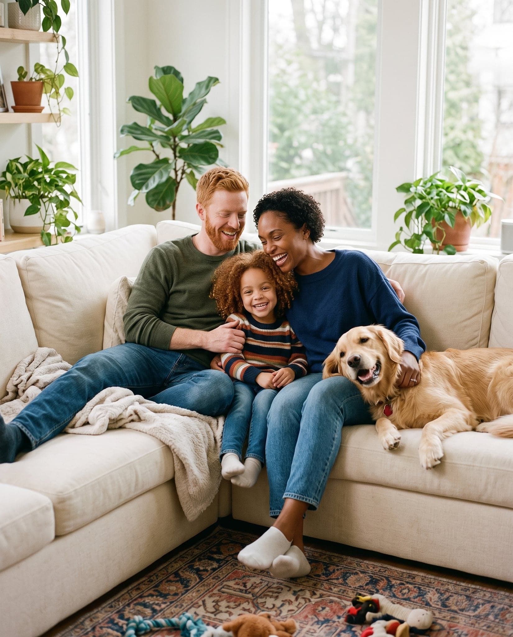 AI family portrait of the fictional family and their dog: At home