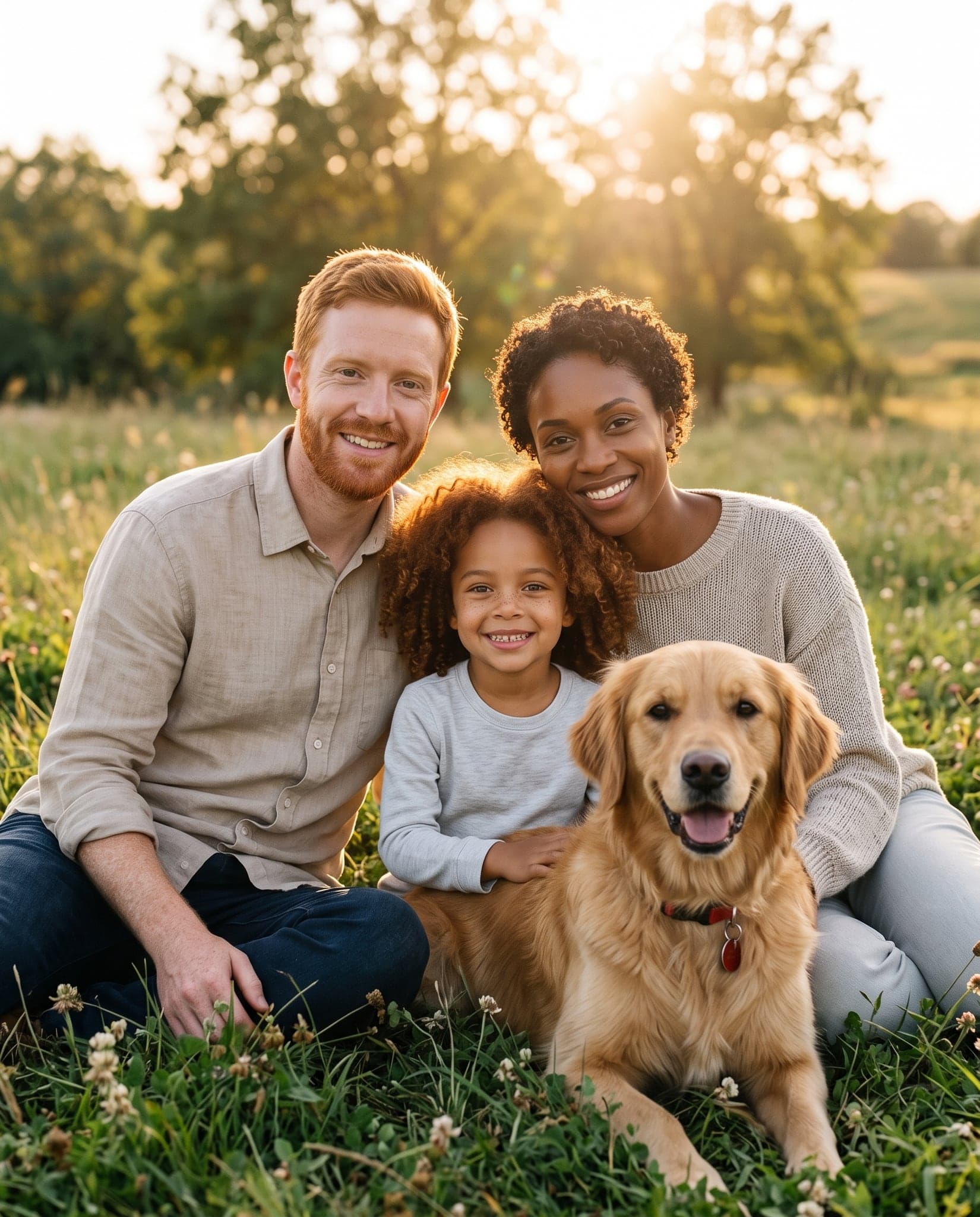 AI family portrait of the fictional family and their dog: Golden hour outdoors