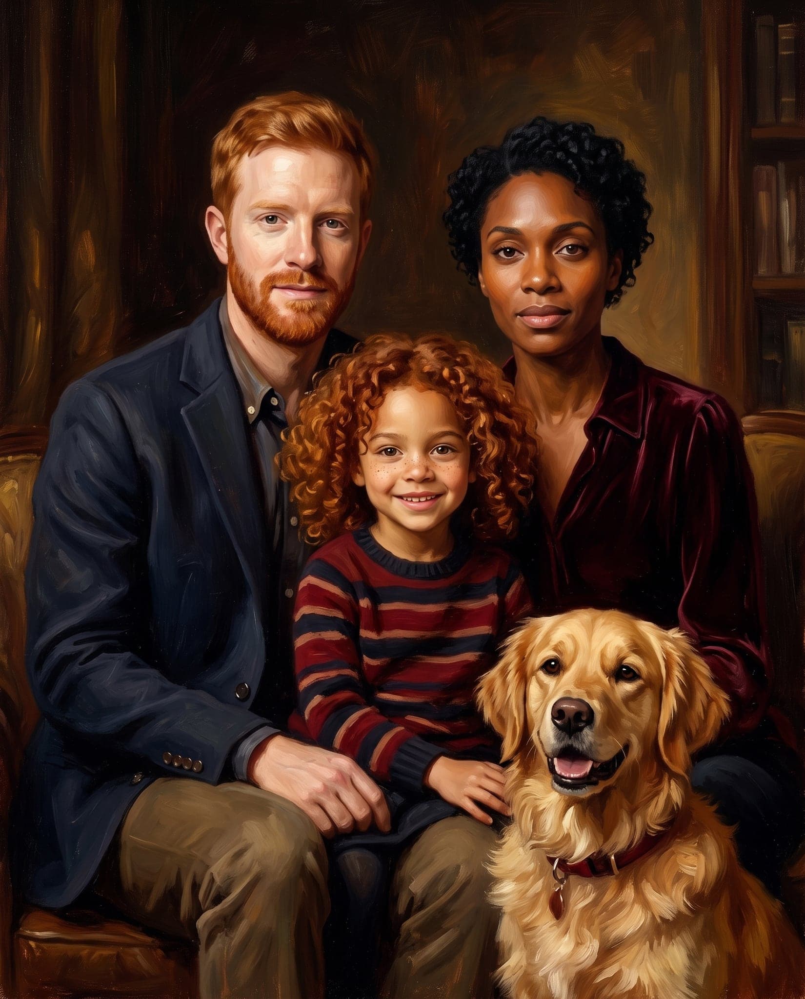 AI family portrait of the fictional family and their dog: Oil painting