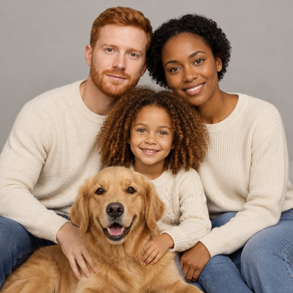 AI family portrait of the fictional family and their dog: Studio portrait, version 2