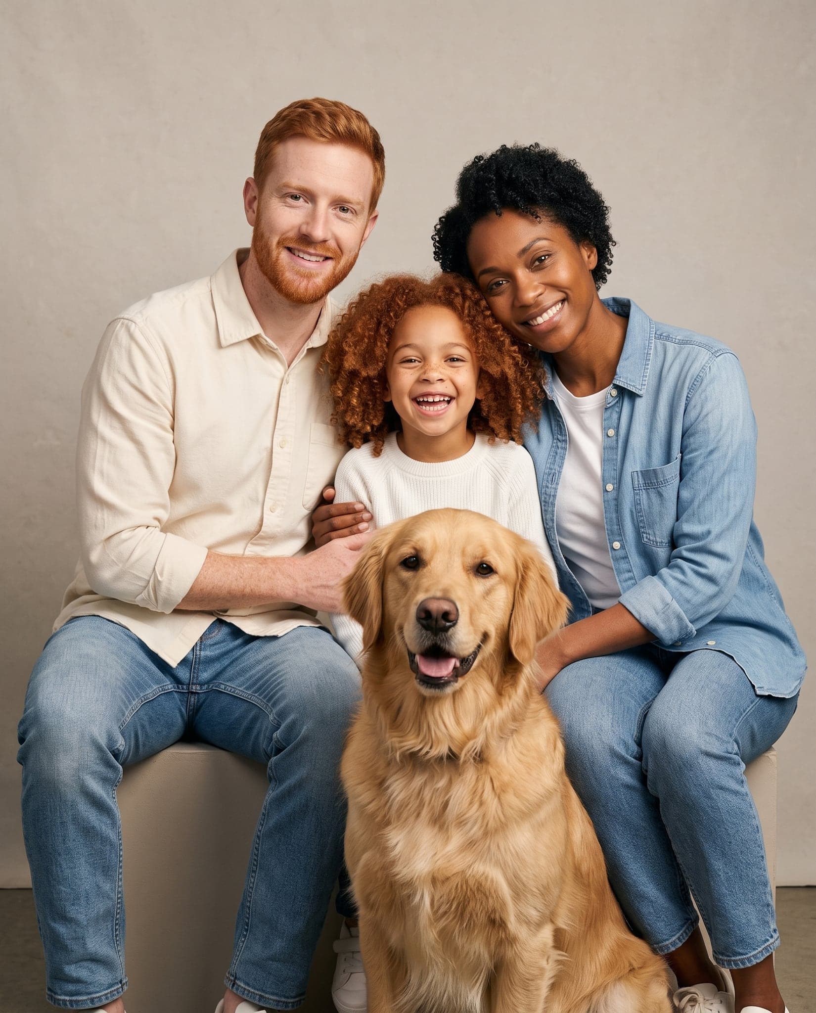 AI family portrait of the fictional family and their dog: Studio portrait