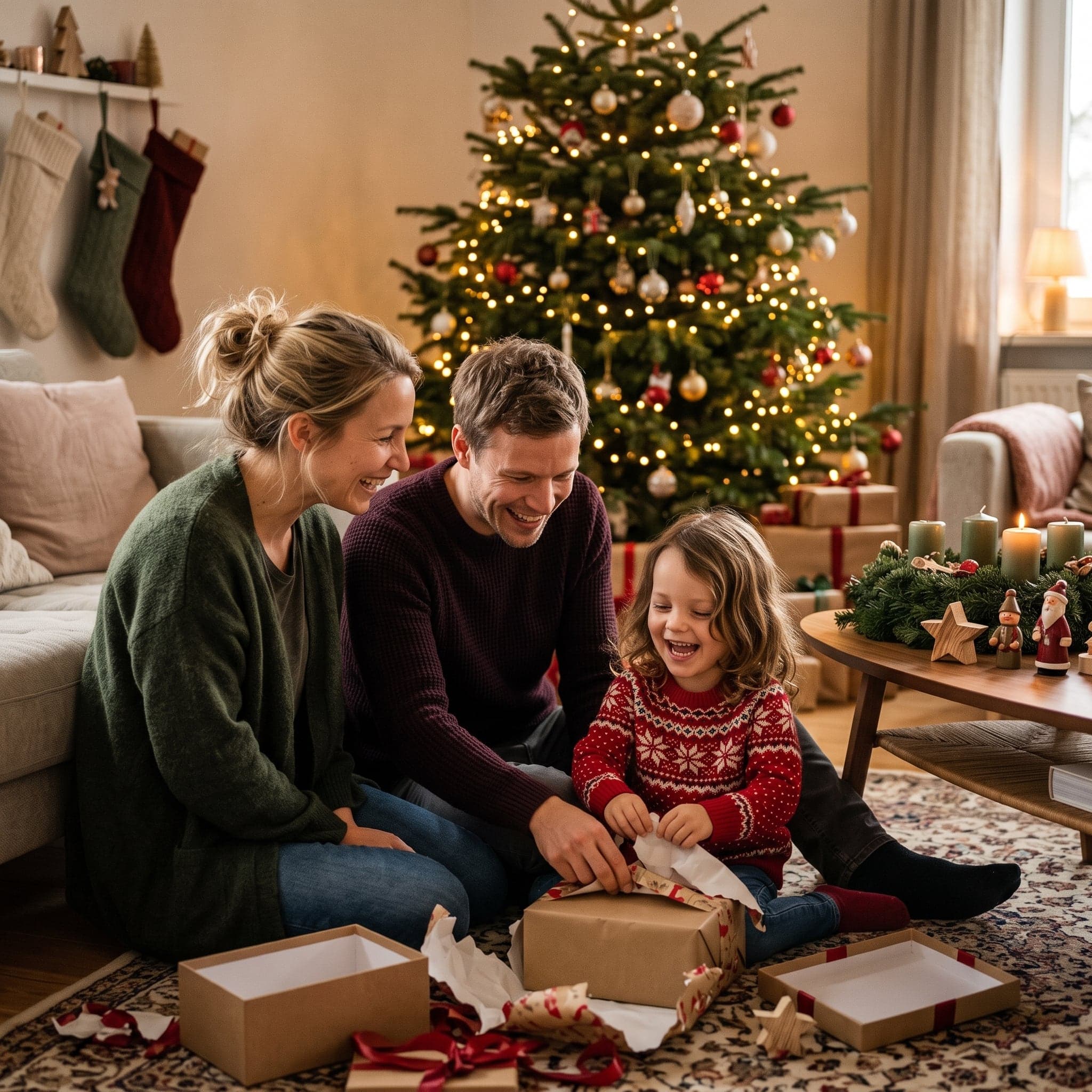 Idee für ein Familienfoto zu Weihnachten: Bescherung an Heiligabend (KI-Beispiel, erfundene Familie)