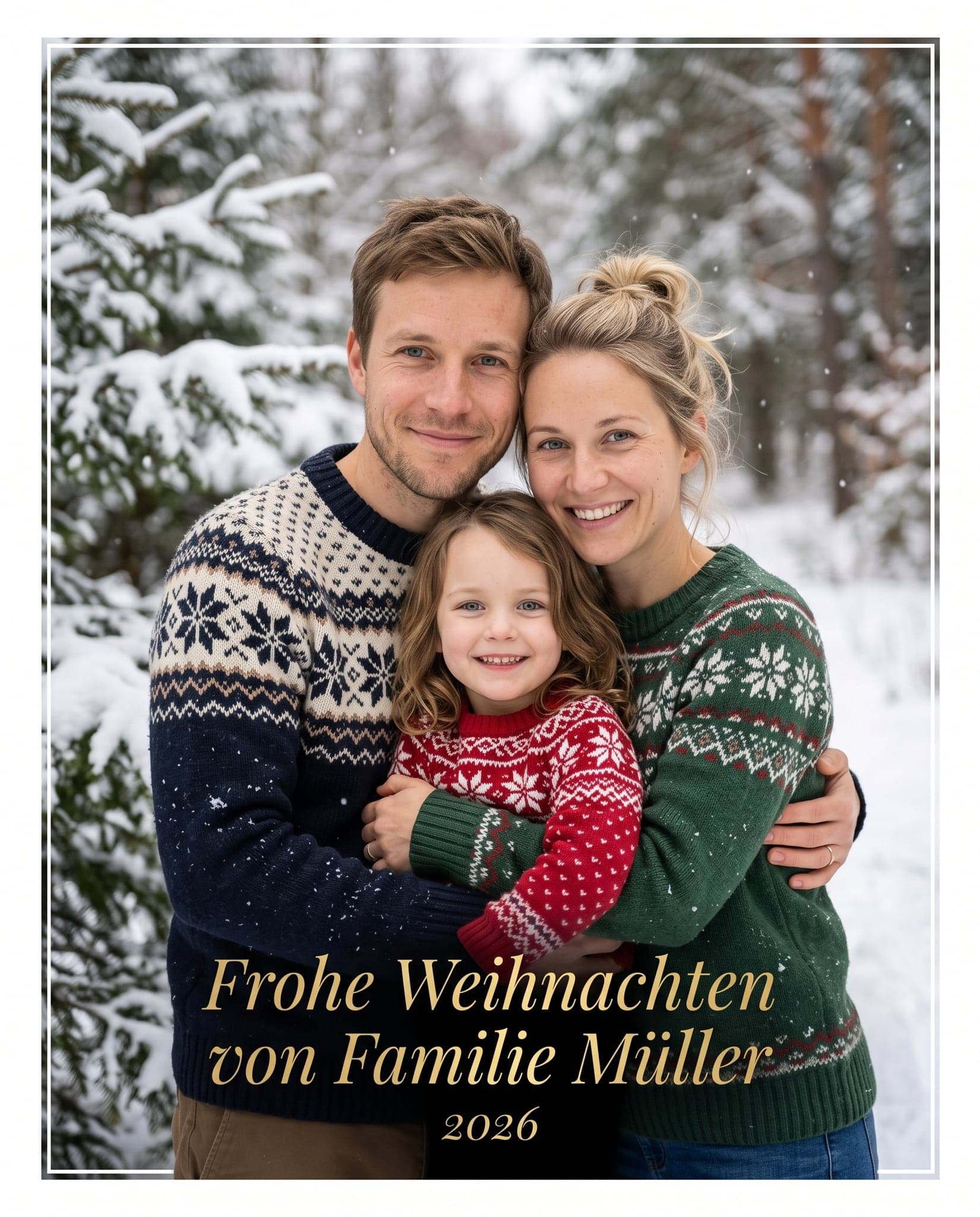 Idee für ein Familienfoto zu Weihnachten: Das Foto für die Weihnachtskarte (KI-Beispiel, erfundene Familie)