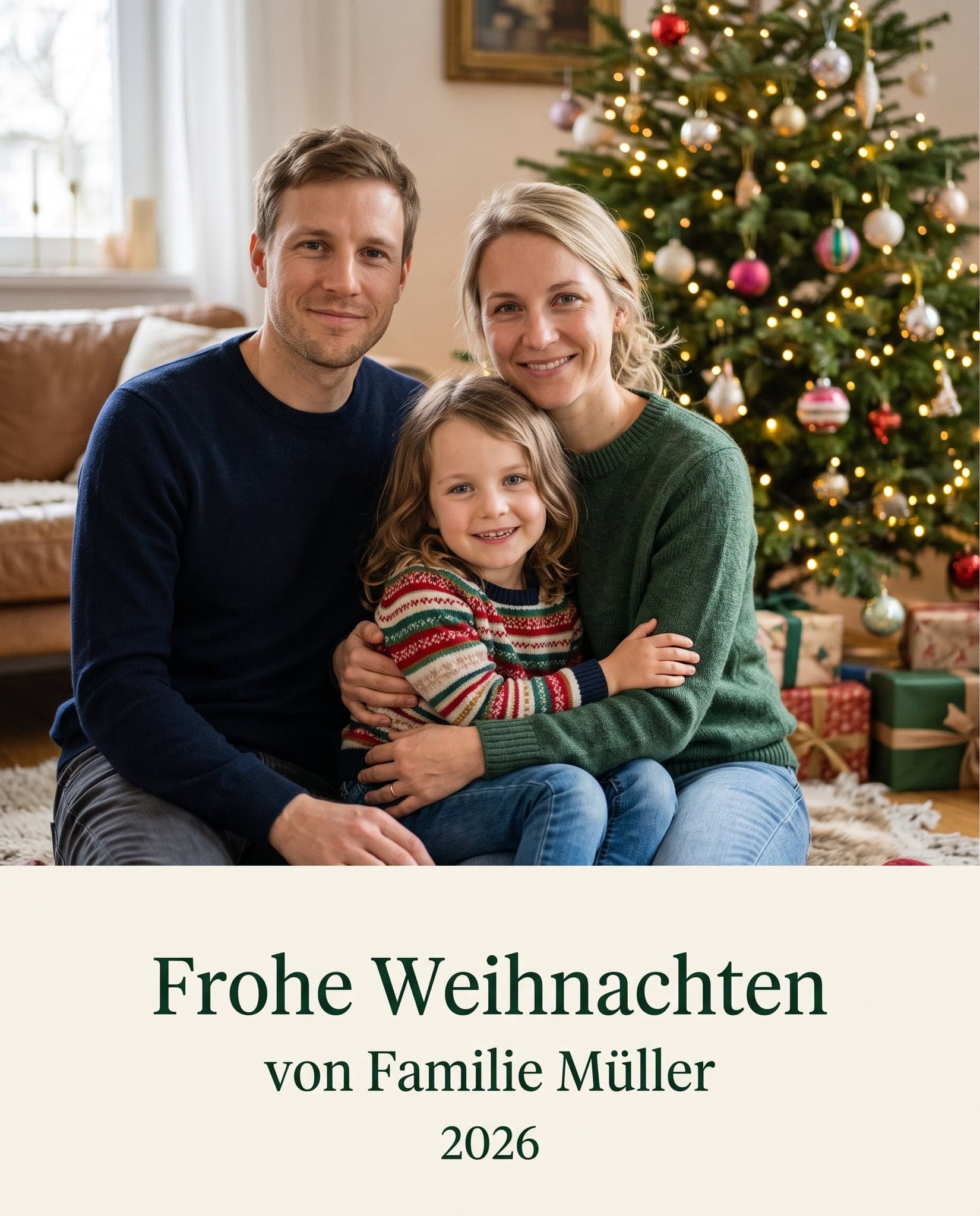 Weihnachtskarte einer erfundenen Familie, von KI erstellt: Karte modern