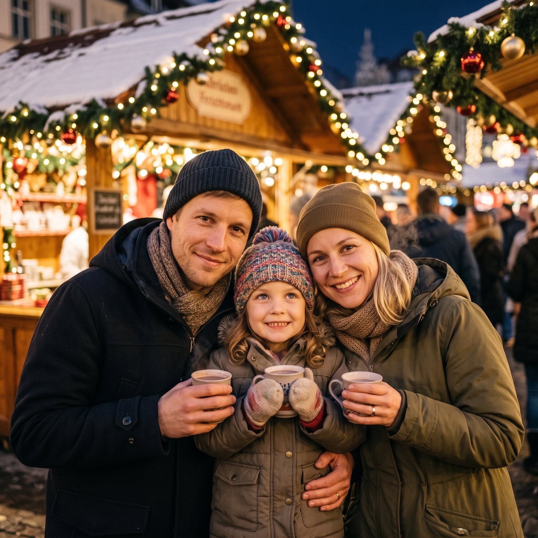 Idee für ein Familienfoto zu Weihnachten: Auf dem Weihnachtsmarkt (KI-Beispiel, erfundene Familie)