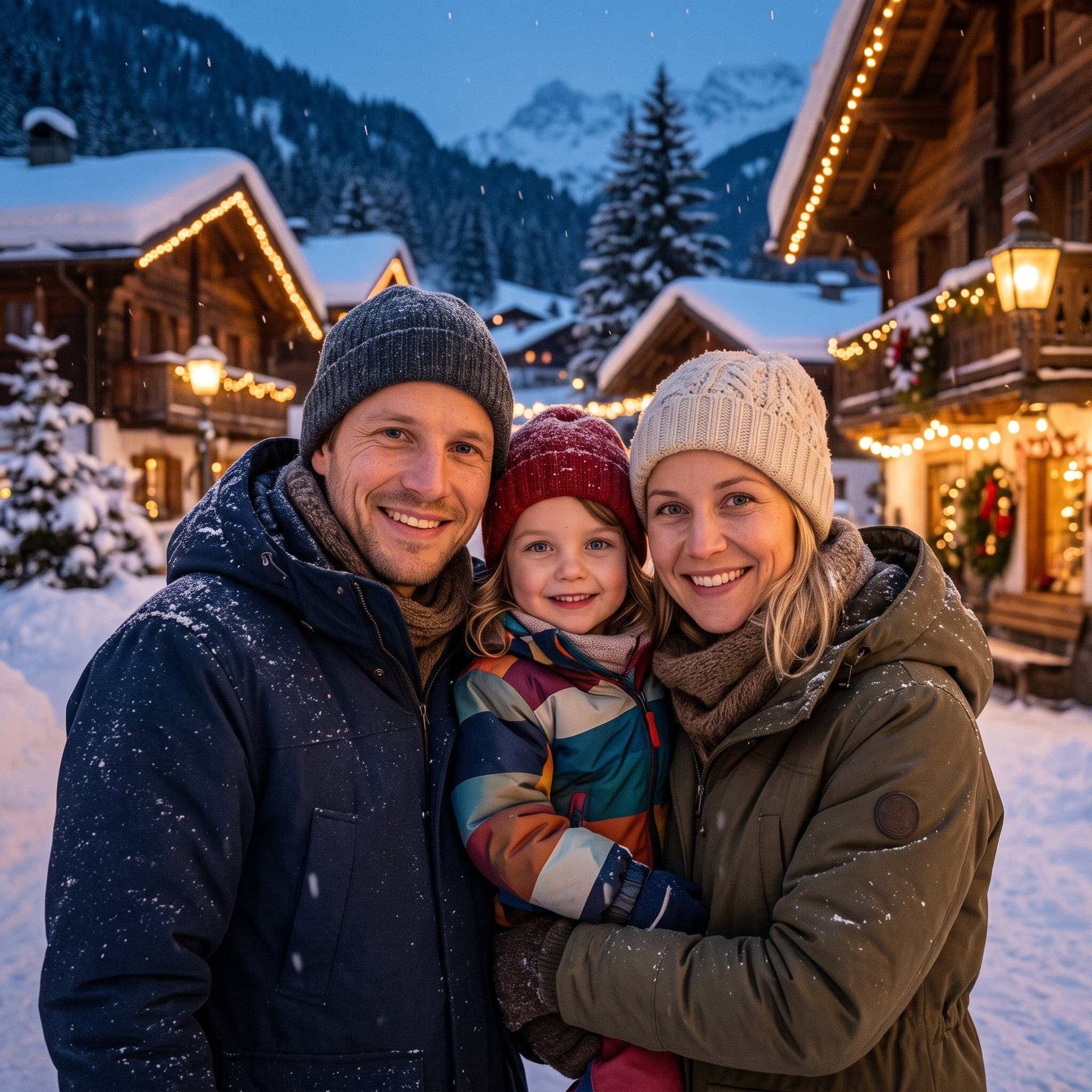 Idee für ein Familienfoto zu Weihnachten: Winterspaziergang im Schnee (KI-Beispiel, erfundene Familie)
