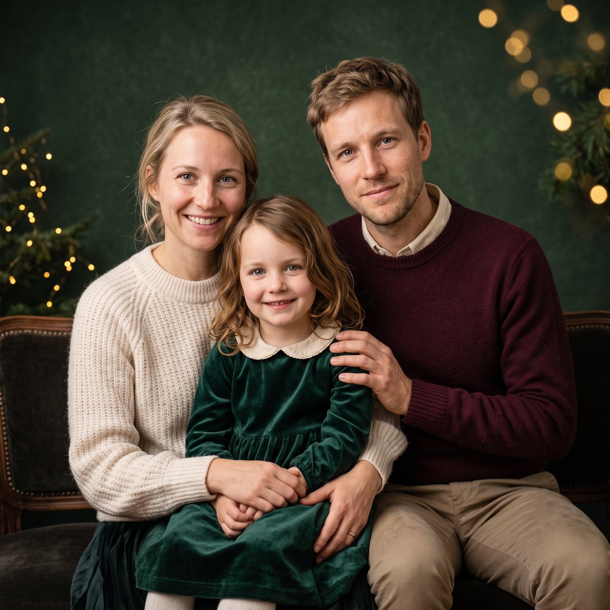 Idee für ein Familienfoto zu Weihnachten: Das Studioporträt (KI-Beispiel, erfundene Familie)