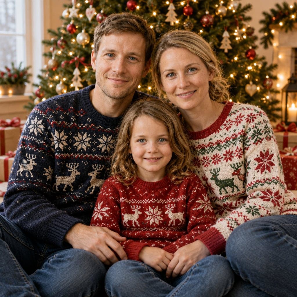 Weihnachtsfoto einer erfundenen Familie, von KI erstellt: Vor dem Weihnachtsbaum (zweite Version)