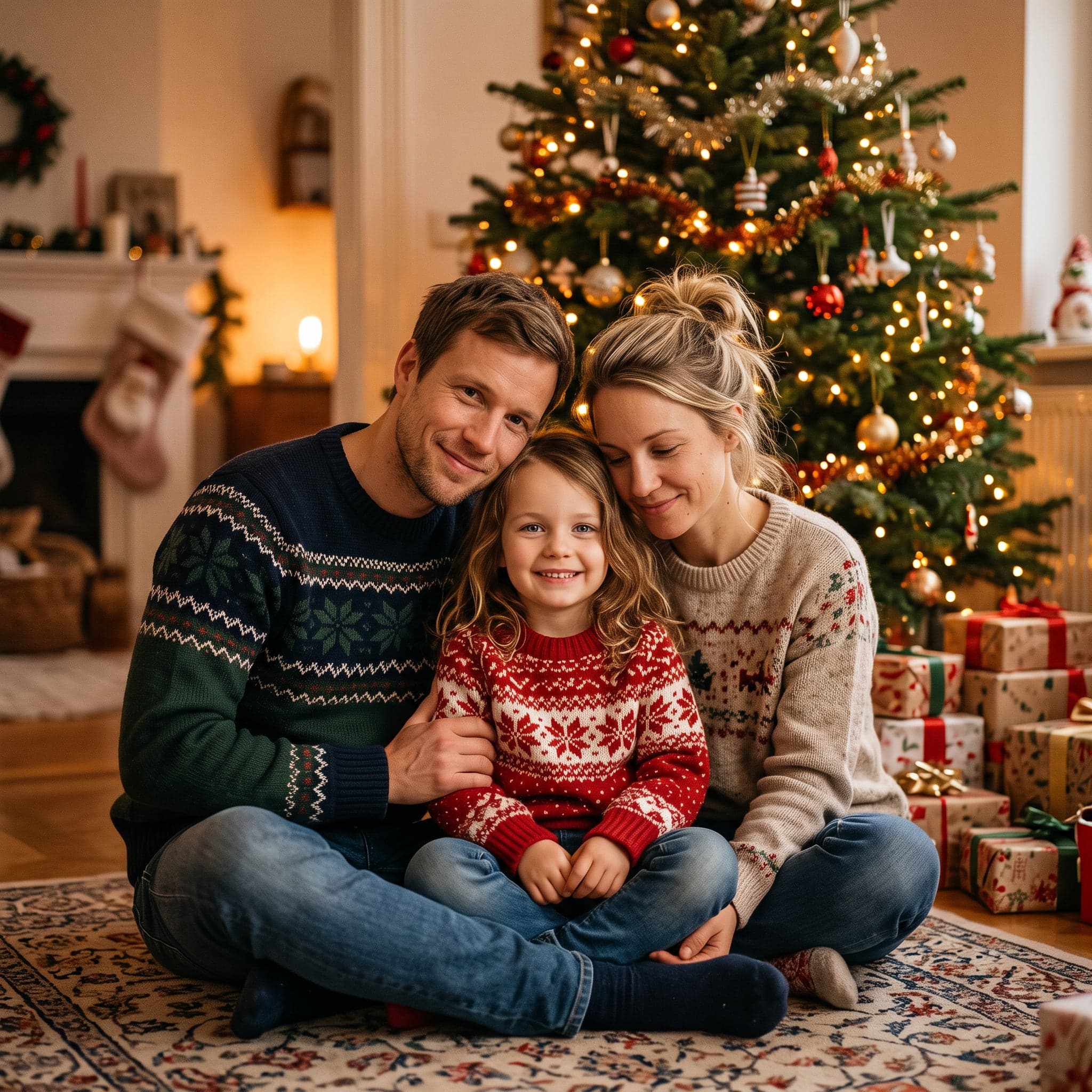 Idee für ein Familienfoto zu Weihnachten: Familienfoto vor dem Weihnachtsbaum (KI-Beispiel, erfundene Familie)