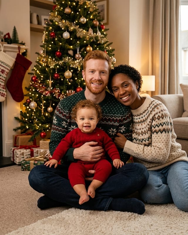 Christmas family photo idea: baby’s first christmas (AI example, fictional family)