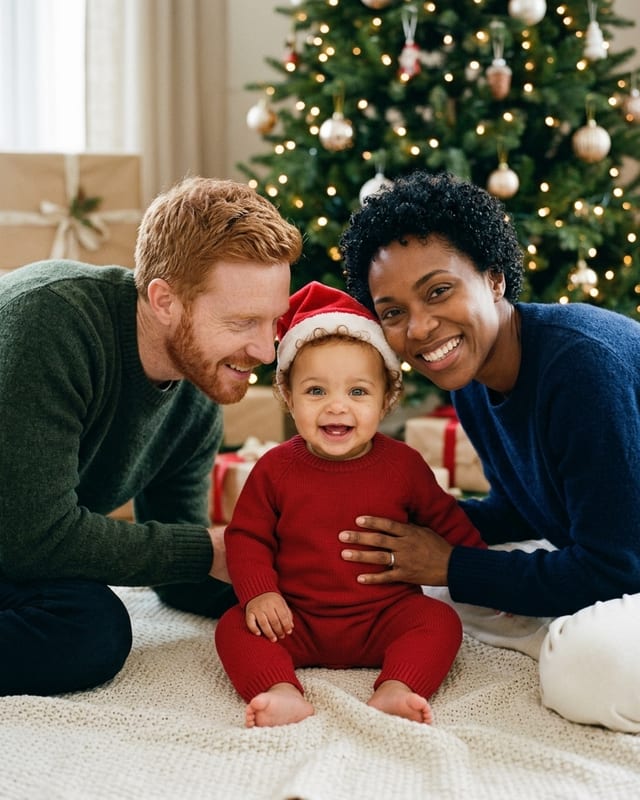 Christmas family photo idea: a tiny santa hat (AI example, fictional family)