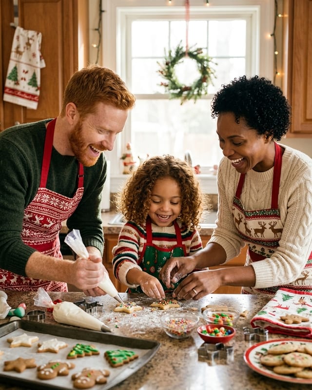 Christmas family photo idea: baking christmas cookies (AI example, fictional family)