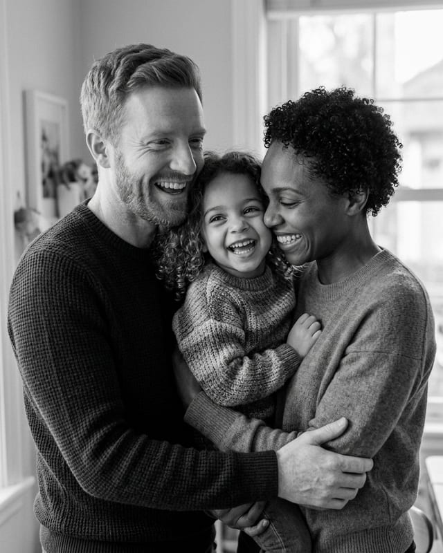 Christmas family photo idea: timeless black and white (AI example, fictional family)