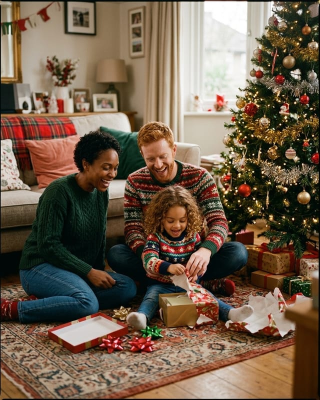 Christmas family photo idea: christmas morning presents (AI example, fictional family)