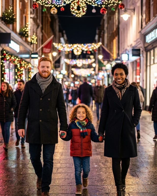 Christmas family photo idea: walking under city christmas lights (AI example, fictional family)