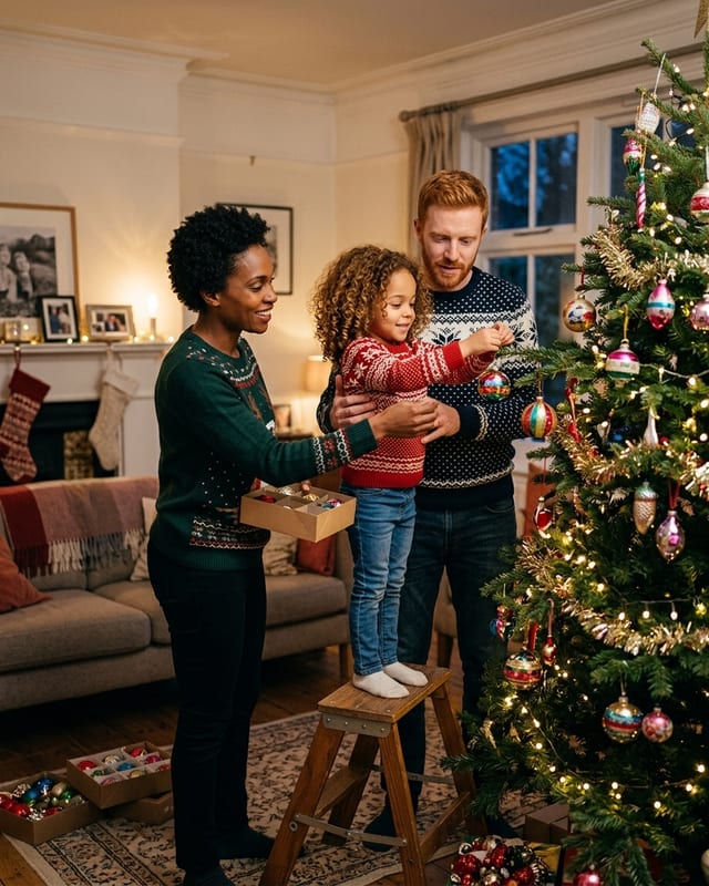 Christmas family photo idea: decorating the tree (AI example, fictional family)