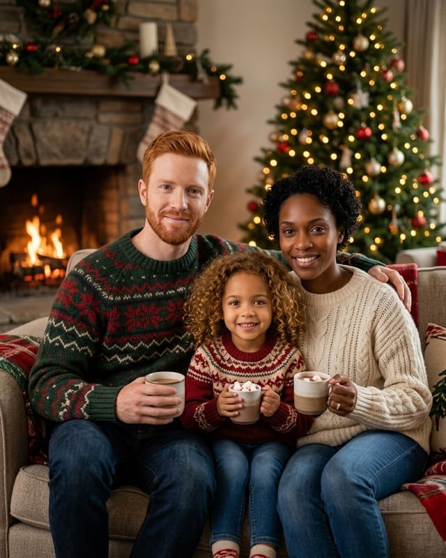 Christmas family photo idea: cocoa by the fireplace (AI example, fictional family)