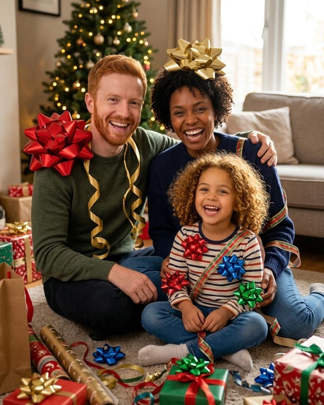 Christmas family photo idea: wrapped up in gift paper (AI example, fictional family)