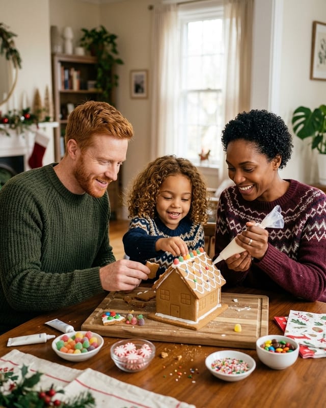 Christmas family photo idea: building a gingerbread house (AI example, fictional family)