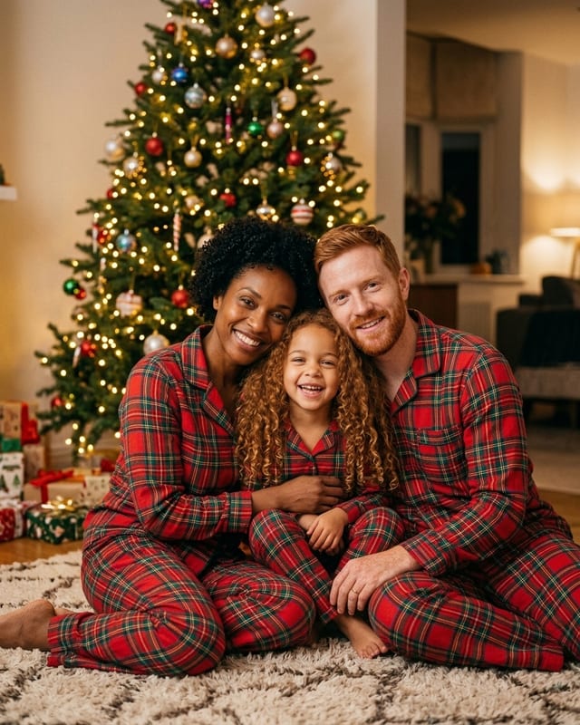 Christmas family photo idea: matching pajamas by the tree (AI example, fictional family)
