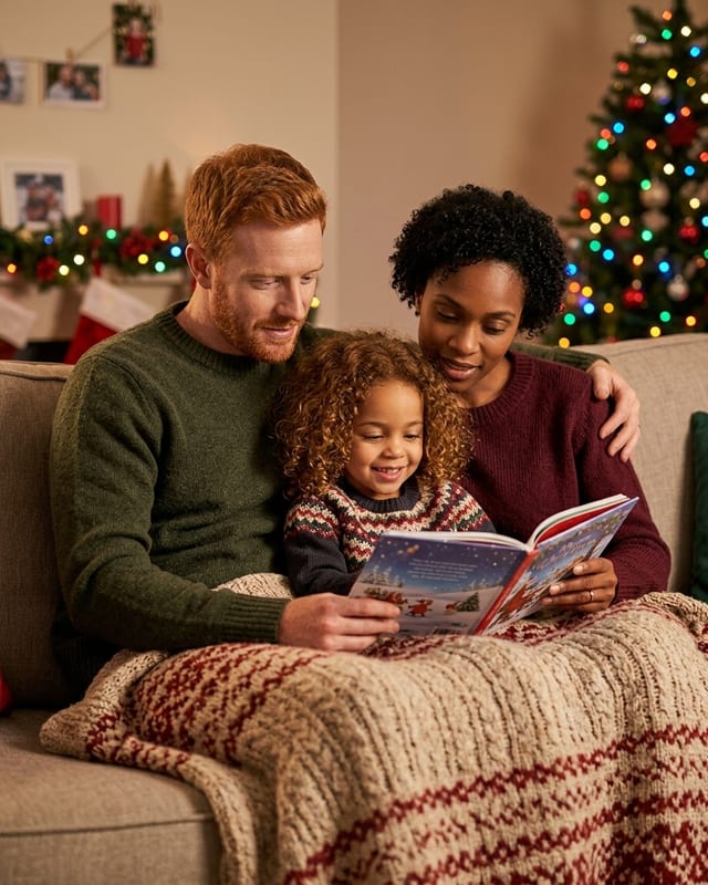 Christmas family photo idea: a christmas story on the sofa (AI example, fictional family)
