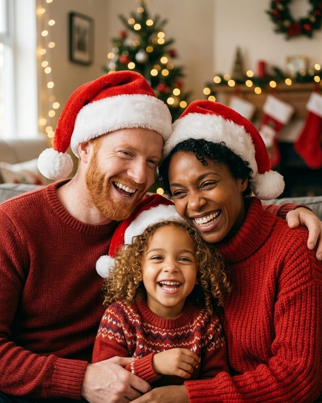 Christmas family photo idea: santa hats and a big laugh (AI example, fictional family)