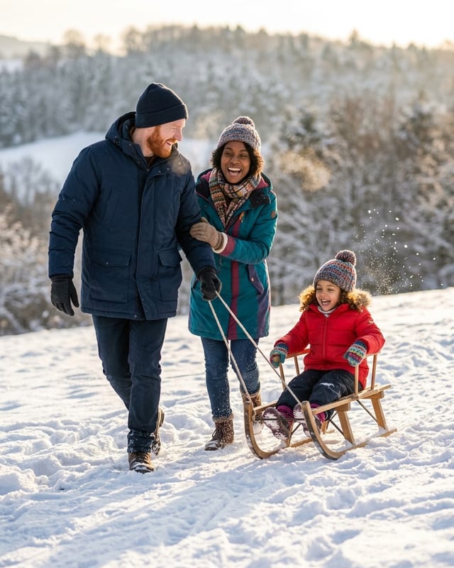 Christmas family photo idea: sledding or a snowball fight (AI example, fictional family)