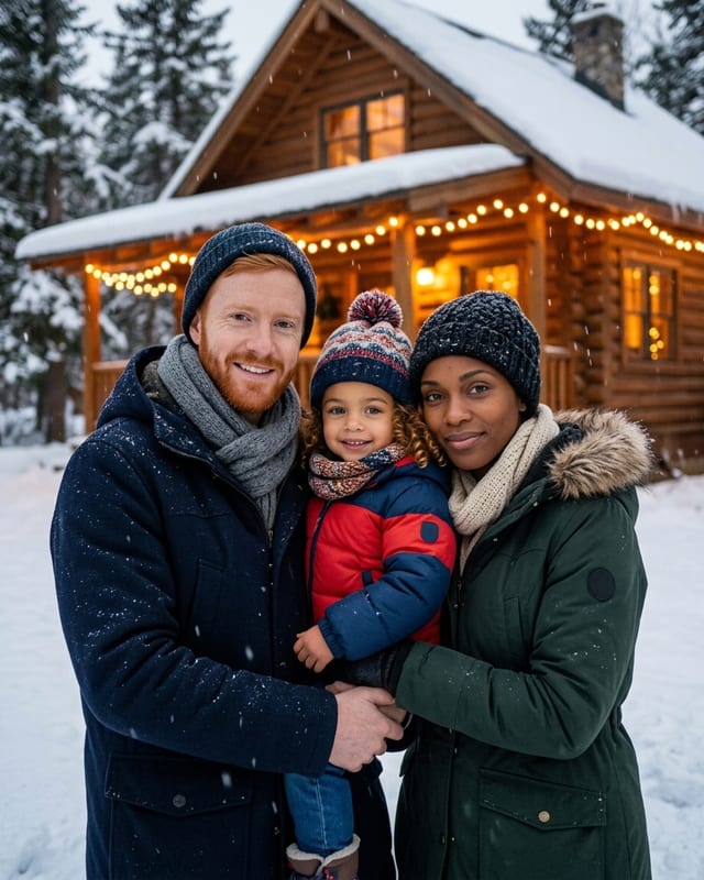 Christmas family photo idea: snowy evening with string lights (AI example, fictional family)