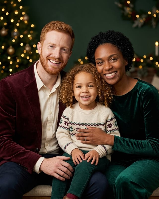 Christmas family photo idea: elegant studio portrait (AI example, fictional family)