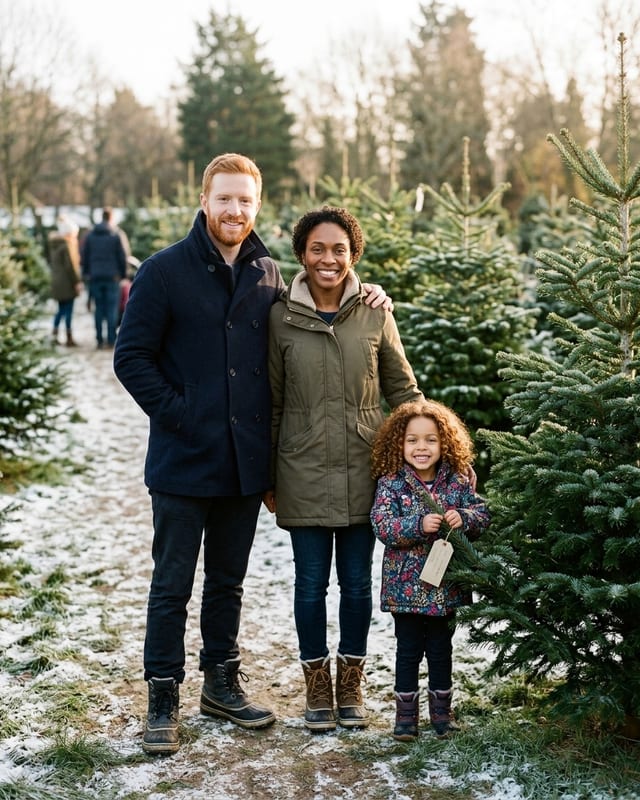 Christmas family photo idea: at the christmas tree farm (AI example, fictional family)