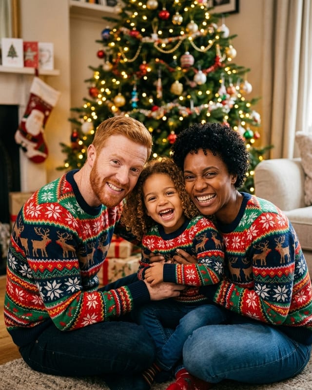 Christmas family photo idea: matching ugly sweaters (AI example, fictional family)
