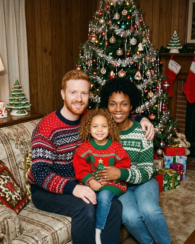 Christmas family photo idea: a 1980s film christmas (AI example, fictional family)