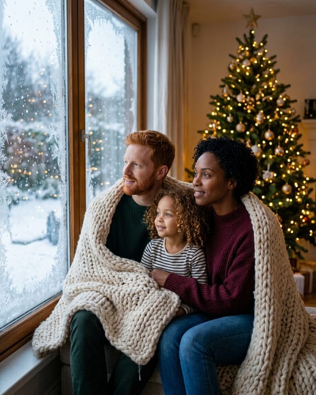 Christmas family photo idea: watching the snow from the window (AI example, fictional family)