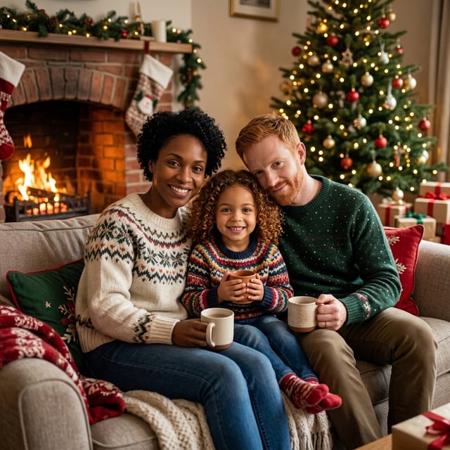AI Christmas photo of the fictional family: By the fireplace